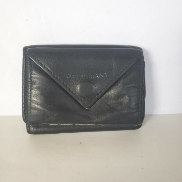 Balenciaga Handbags - BALENCIAGA Everyday Mini Small Papier Leather Trifold Wallet Solid Black Compact